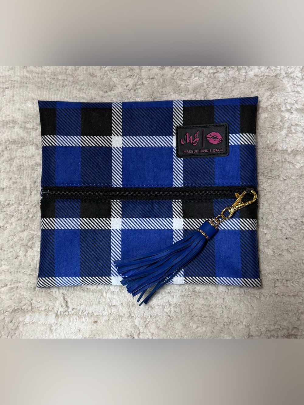 NWOT by Makeup Junkie- Blue Plaid Pouch with Tassel- Small